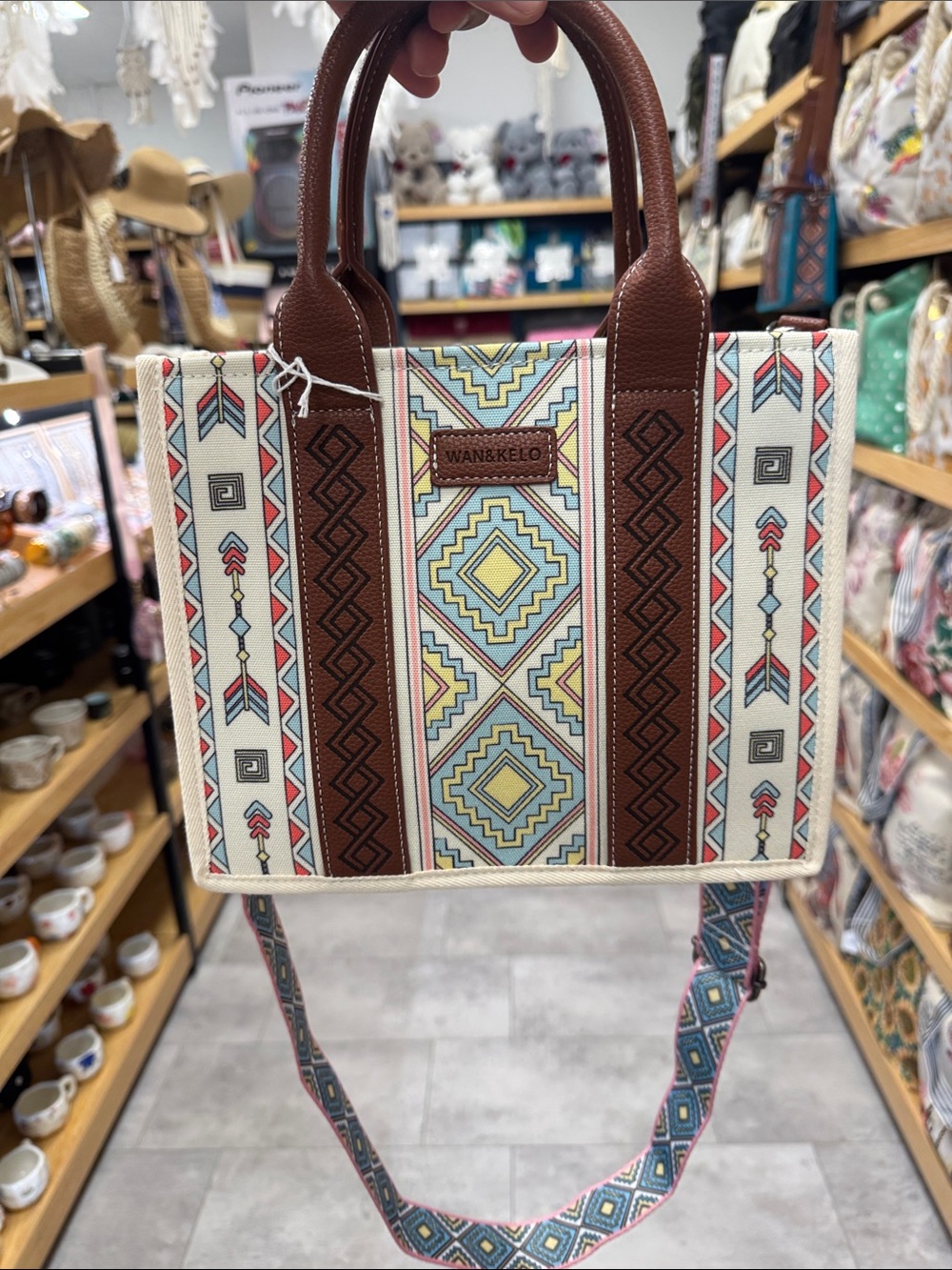 Brown & Multi Aztec-Print Tote with Detachable Strap